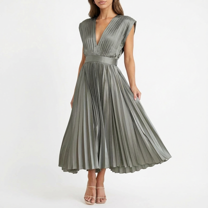Vestido Midi Mujer Tejido Plisado Escote en V