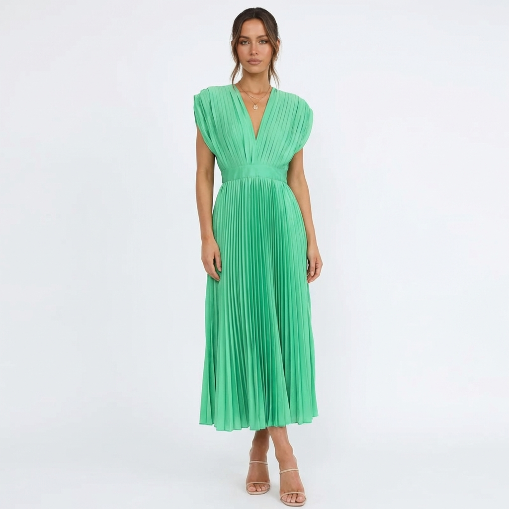 Vestido Midi Mujer Tejido Plisado Escote en V - Mavetta