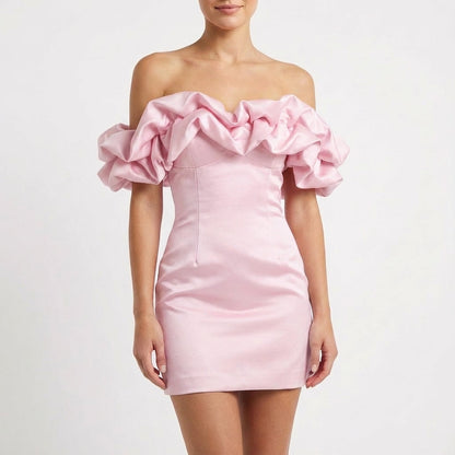 Vestido Mini Mujer con Hombros Descubiertos y Mangas Volante