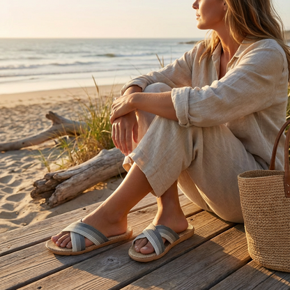 Zapatillas Casa Mujer con Tiras Cruzadas Plantilla Lino Natural