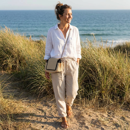 Pantalón Mujer Casual Algodón Cintura con Cordón Bajo Doblado
