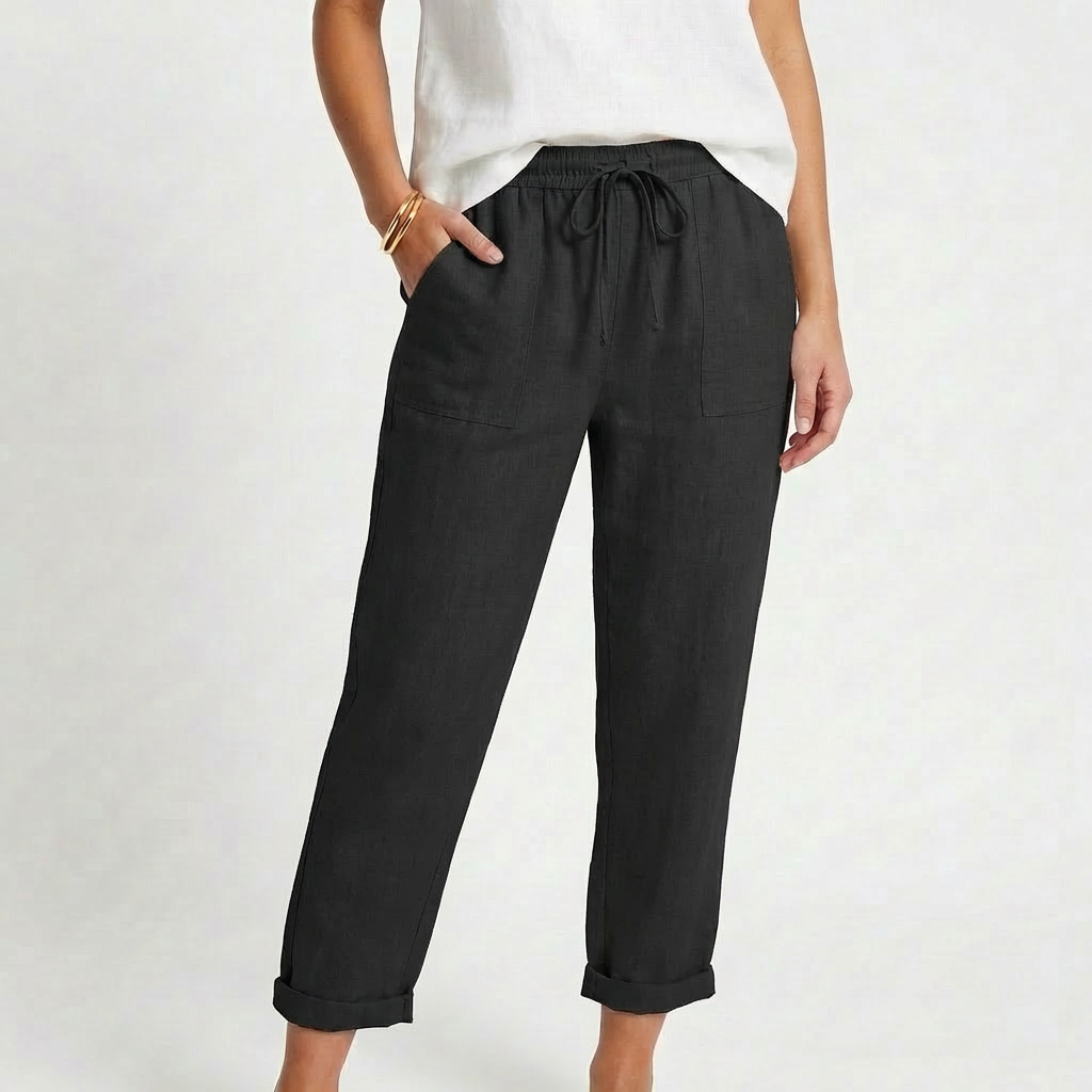 Pantalón Mujer Casual Algodón Cintura con Cordón Bajo Doblado