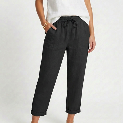 Pantalón Mujer Casual Algodón Cintura con Cordón Bajo Doblado