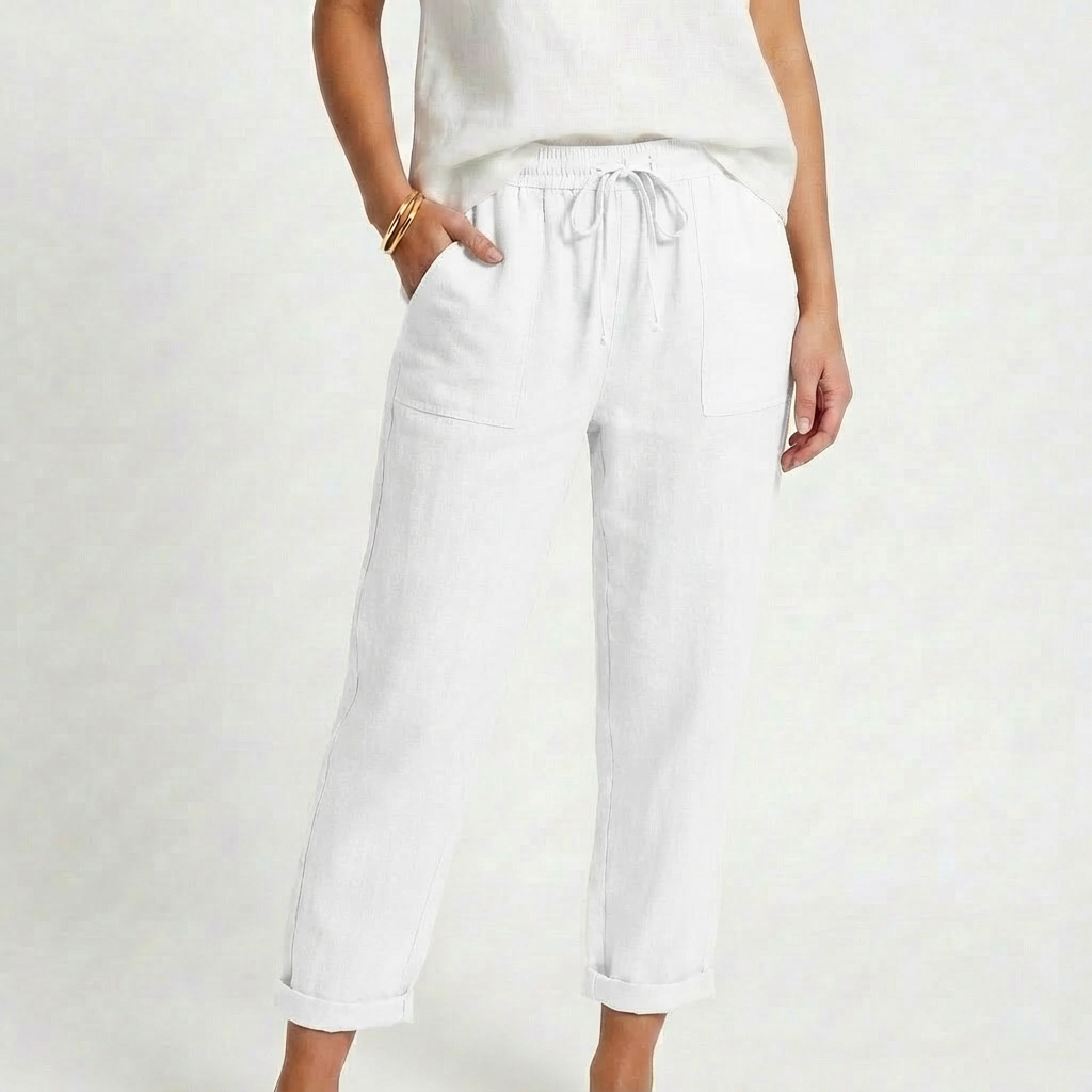 Pantalón Mujer Casual Algodón Cintura con Cordón Bajo Doblado