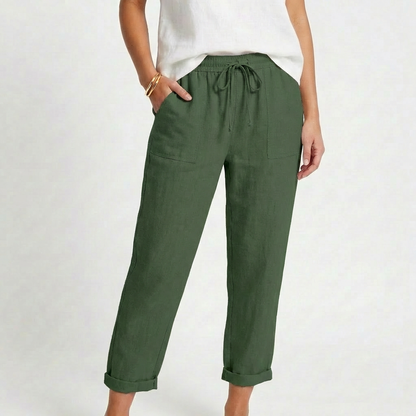 Pantalón Mujer Casual Algodón Cintura con Cordón Bajo Doblado