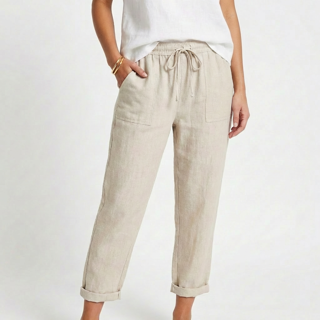 Pantalón Mujer Casual Algodón Cintura con Cordón Bajo Doblado - Mavetta