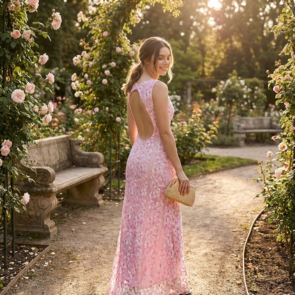 Vestido Maxi Mujer de Encaje Escote en V Sin Mangas