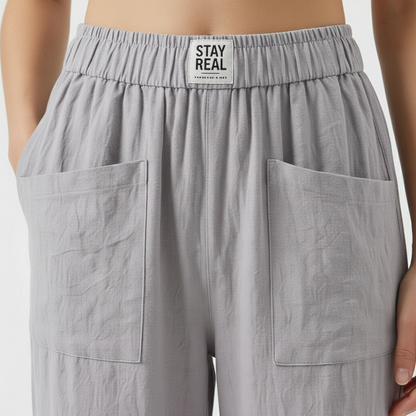 Pantalón Mujer de Lino Cintura Elástica Bolsillos Parche