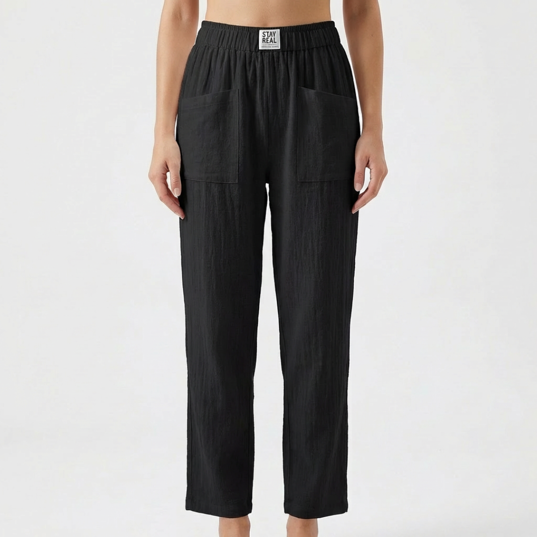 Pantalón Mujer de Lino Cintura Elástica Bolsillos Parche