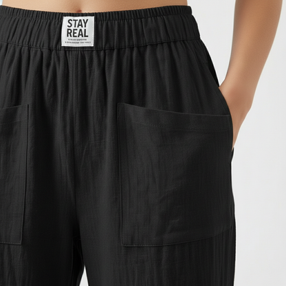 Pantalón Mujer de Lino Cintura Elástica Bolsillos Parche