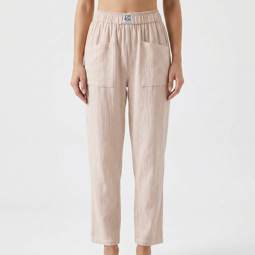 Pantalón Mujer de Lino Cintura Elástica Bolsillos Parche