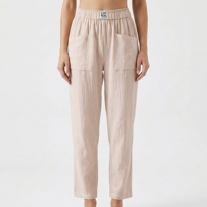 Pantalón Mujer de Lino Cintura Elástica Bolsillos Parche