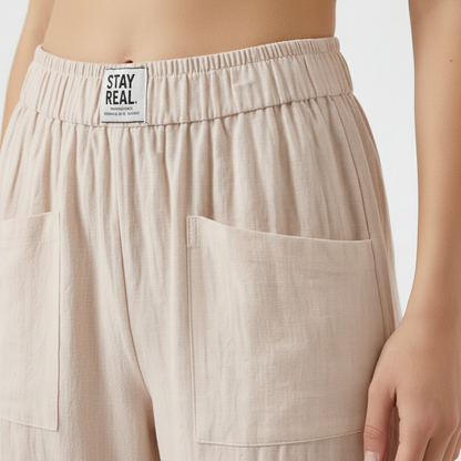 Pantalón Mujer de Lino Cintura Elástica Bolsillos Parche