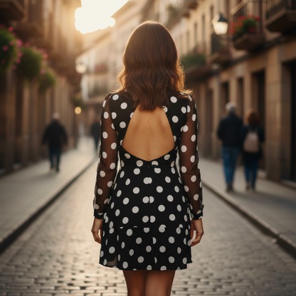 Vestido Corto Mujer de Lunares Espalda Abierta Mangas
