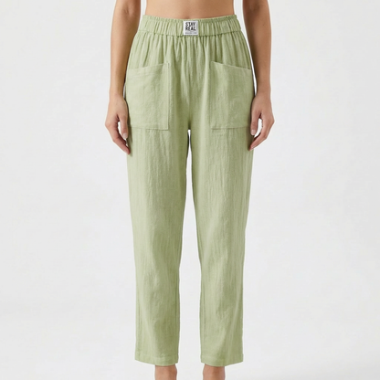 Pantalón Mujer de Lino Cintura Elástica Bolsillos Parche