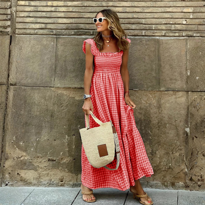 Vestido Largo Mujer Estampado Xadrez Cintura Elástica Boho