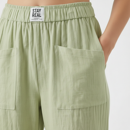 Pantalón Mujer de Lino Cintura Elástica Bolsillos Parche
