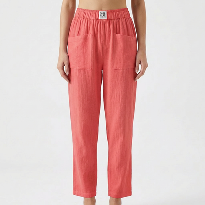 Pantalón Mujer de Lino Cintura Elástica Bolsillos Parche