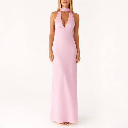 Vestido Largo Mujer Poliéster Cuello Halter Escote en V