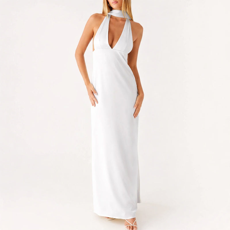 Vestido Largo Mujer Poliéster Cuello Halter Escote en V