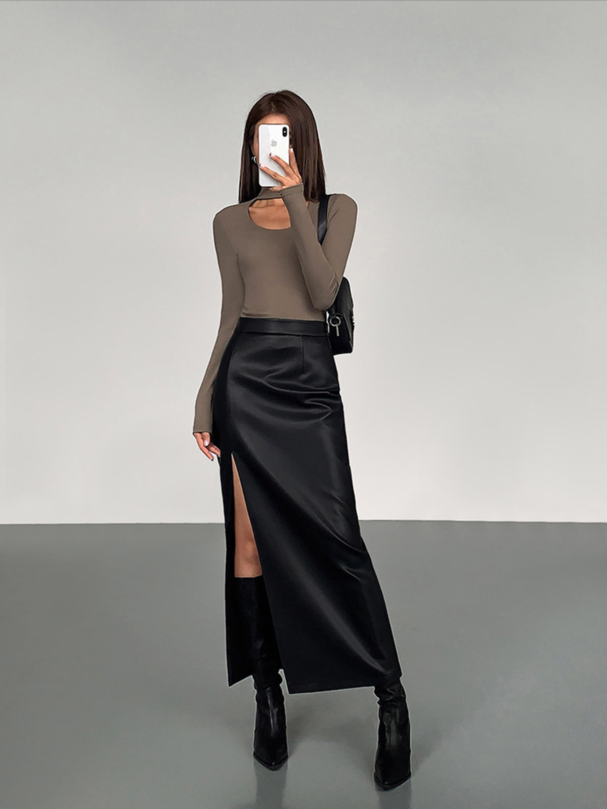 Falda Midi Mujer de Cuero Sintético Abertura Lateral