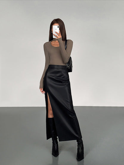 Falda Midi Mujer de Cuero Sintético Abertura Lateral