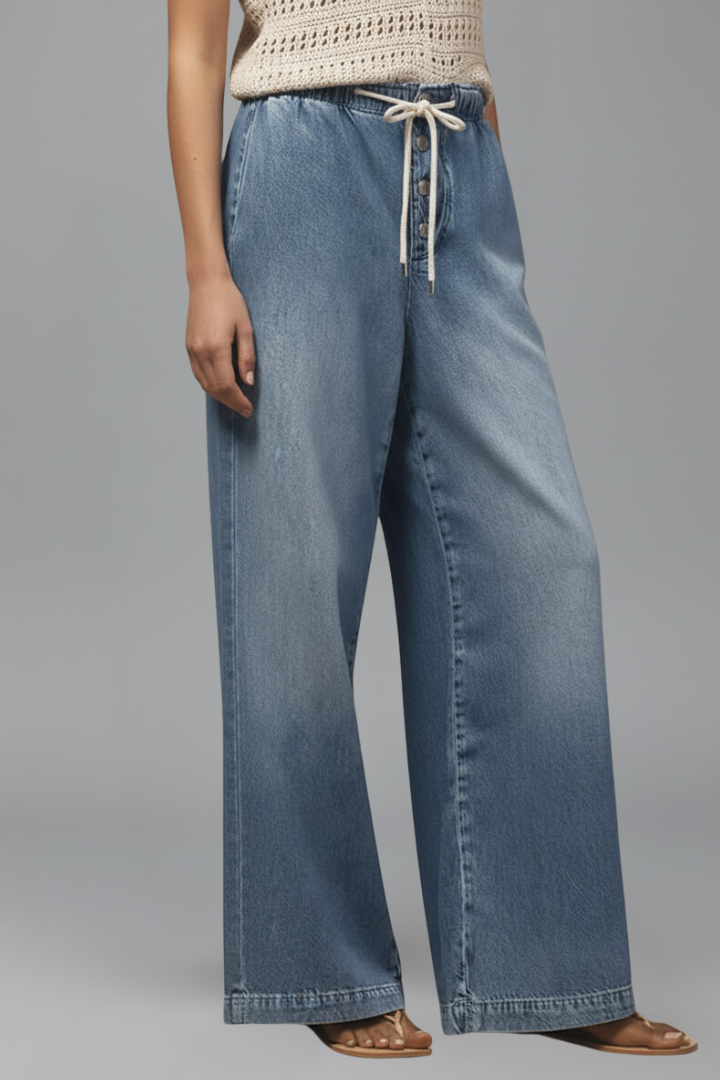 Jeans Mujer de Mezclilla Pierna Ancha con Cordón Ajustable - Mavetta