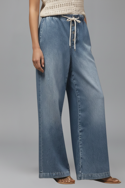Jeans Mujer de Mezclilla Pierna Ancha con Cordón Ajustable - Mavetta