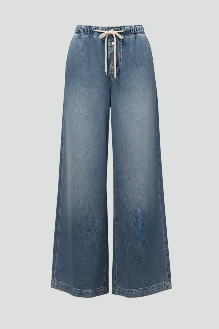 Jeans Mujer de Mezclilla Pierna Ancha con Cordón Ajustable