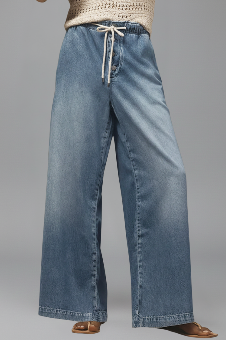 Jeans Mujer de Mezclilla Pierna Ancha con Cordón Ajustable
