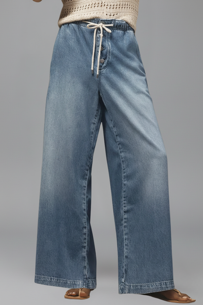 Jeans Mujer de Mezclilla Pierna Ancha con Cordón Ajustable