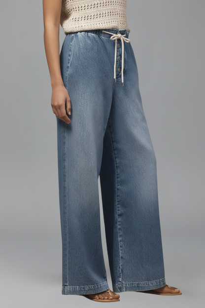 Jeans Mujer de Mezclilla Pierna Ancha con Cordón Ajustable