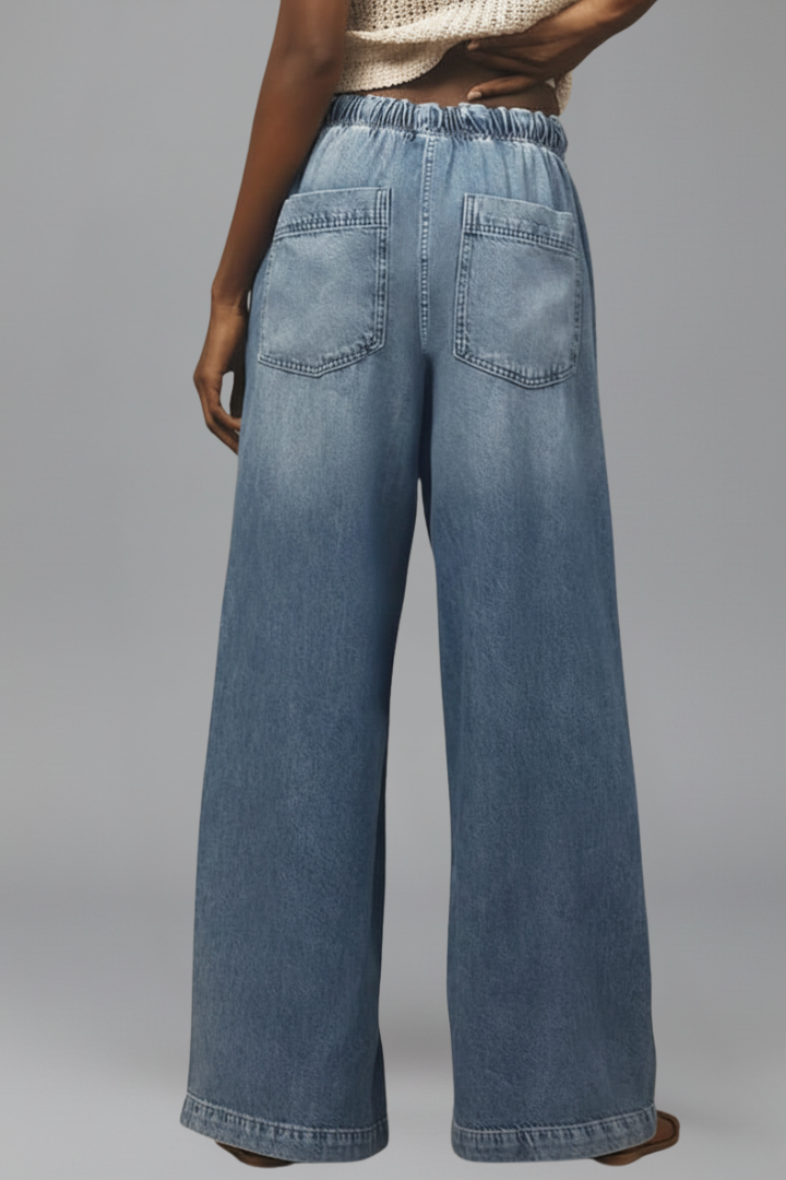 Jeans Mujer de Mezclilla Pierna Ancha con Cordón Ajustable