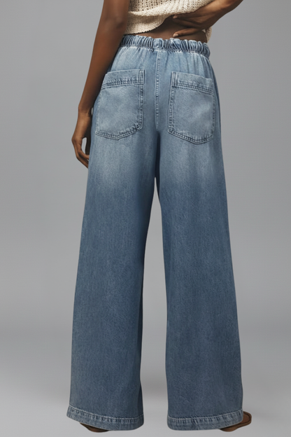 Jeans Mujer de Mezclilla Pierna Ancha con Cordón Ajustable