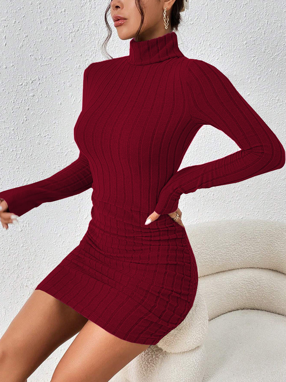 Minivestido Mujer de Canalé Ajustado Cuello Alto Manga Larga