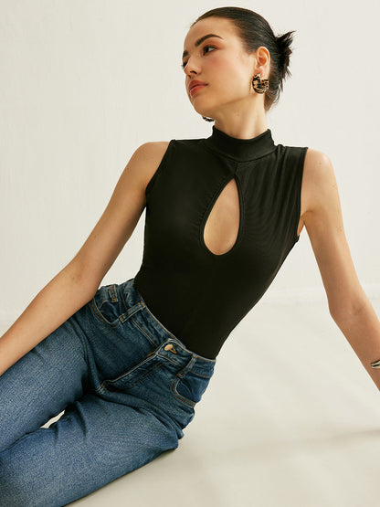 Mujer Sin Mangas Cuello Alto Tejido Acanalado Ajuste Moderno