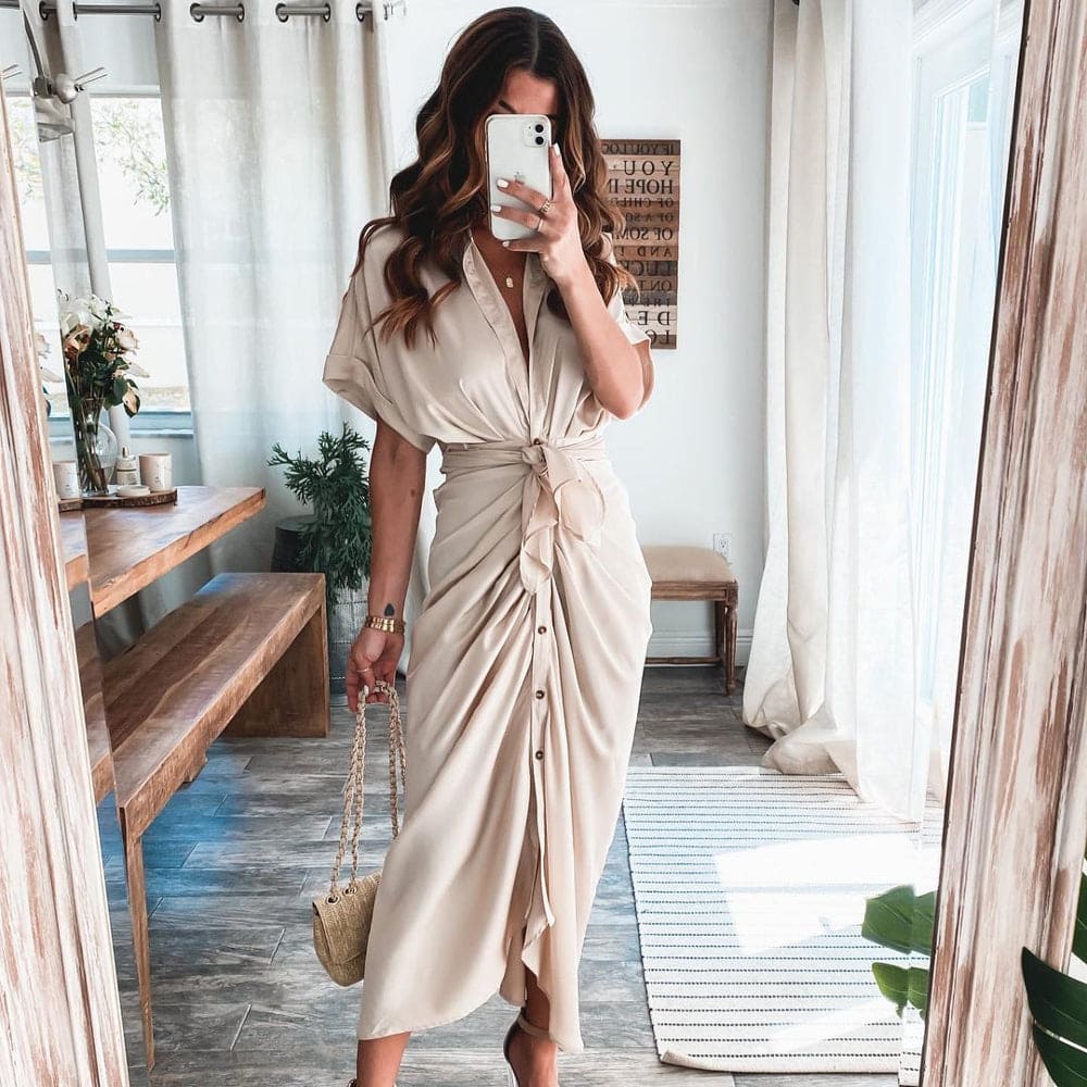 Vestido Largo Mujer de Satén Drapeado Ajuste Elegante