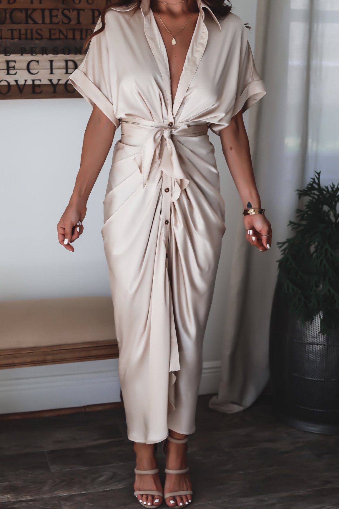 Vestido Largo Mujer de Satén Drapeado Ajuste Elegante