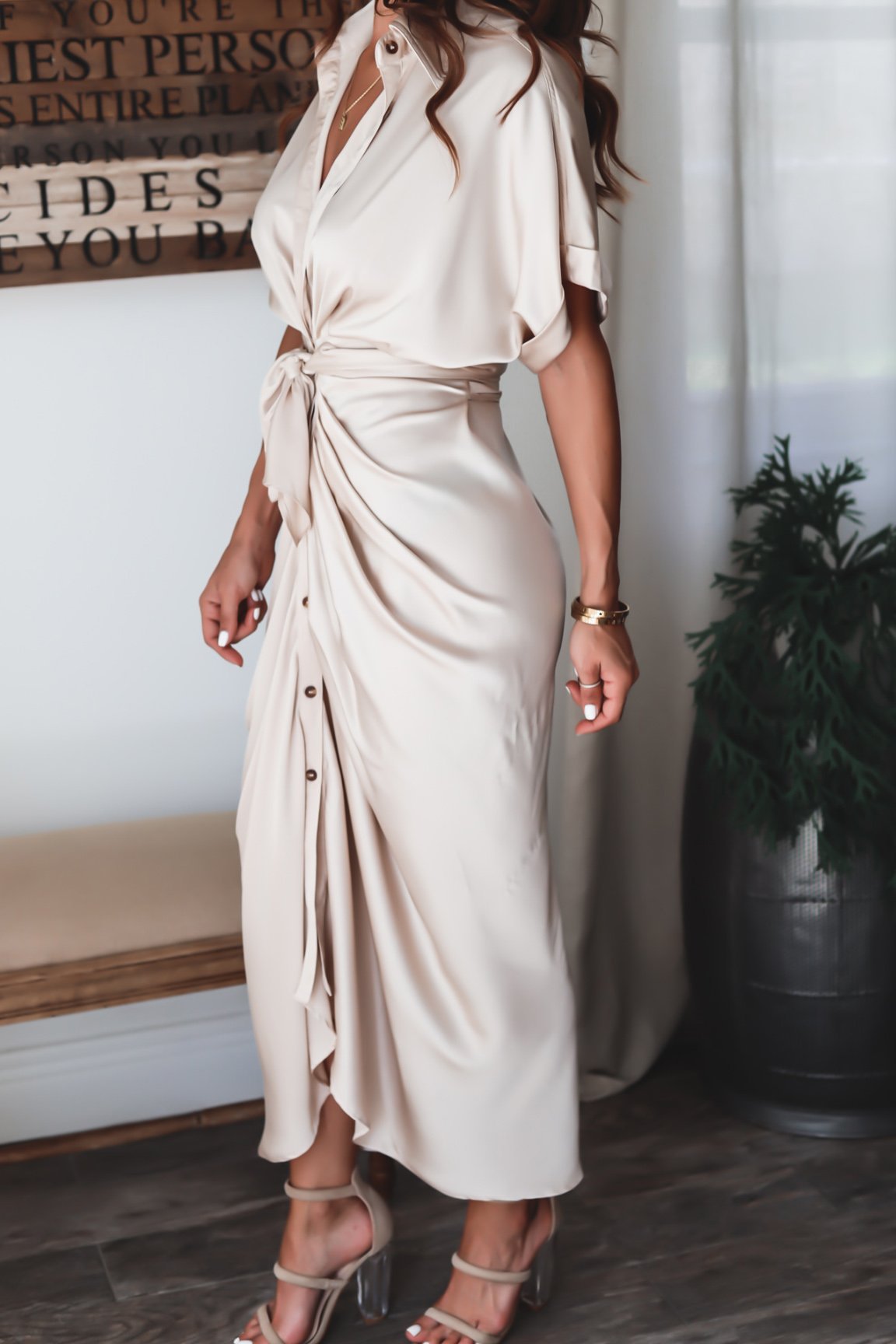 Vestido Largo Mujer de Satén Drapeado Ajuste Elegante