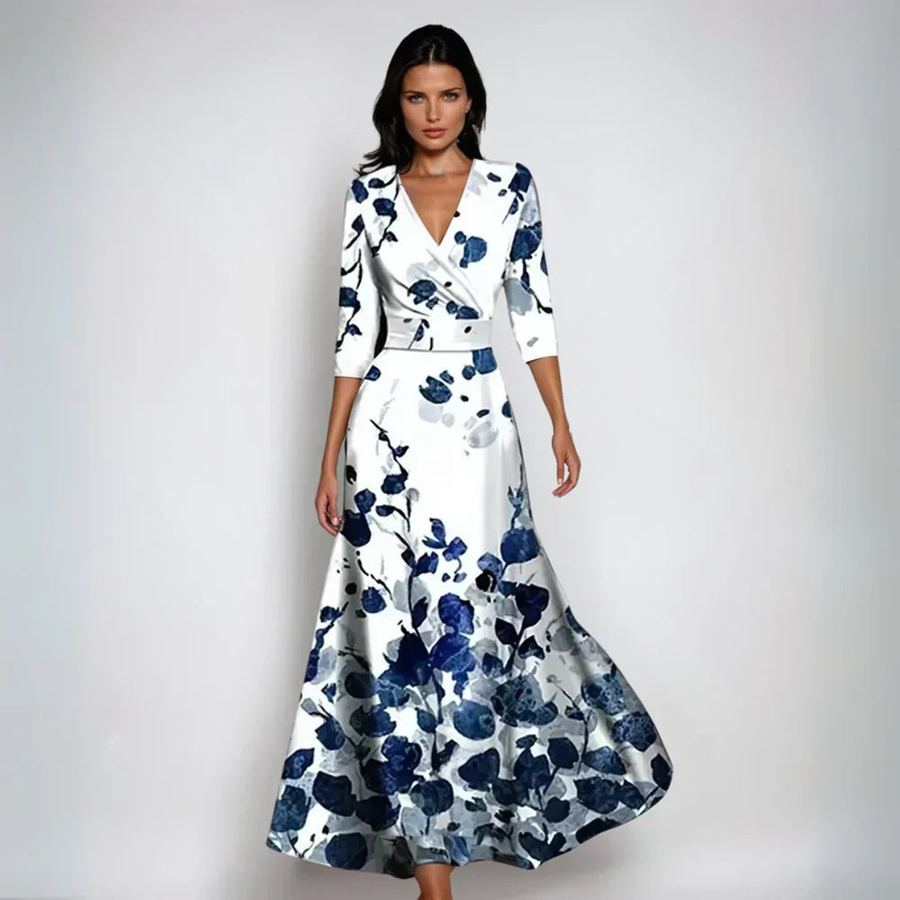 Vestido Largo Mujer con Cuello en V Ajuste Elegante