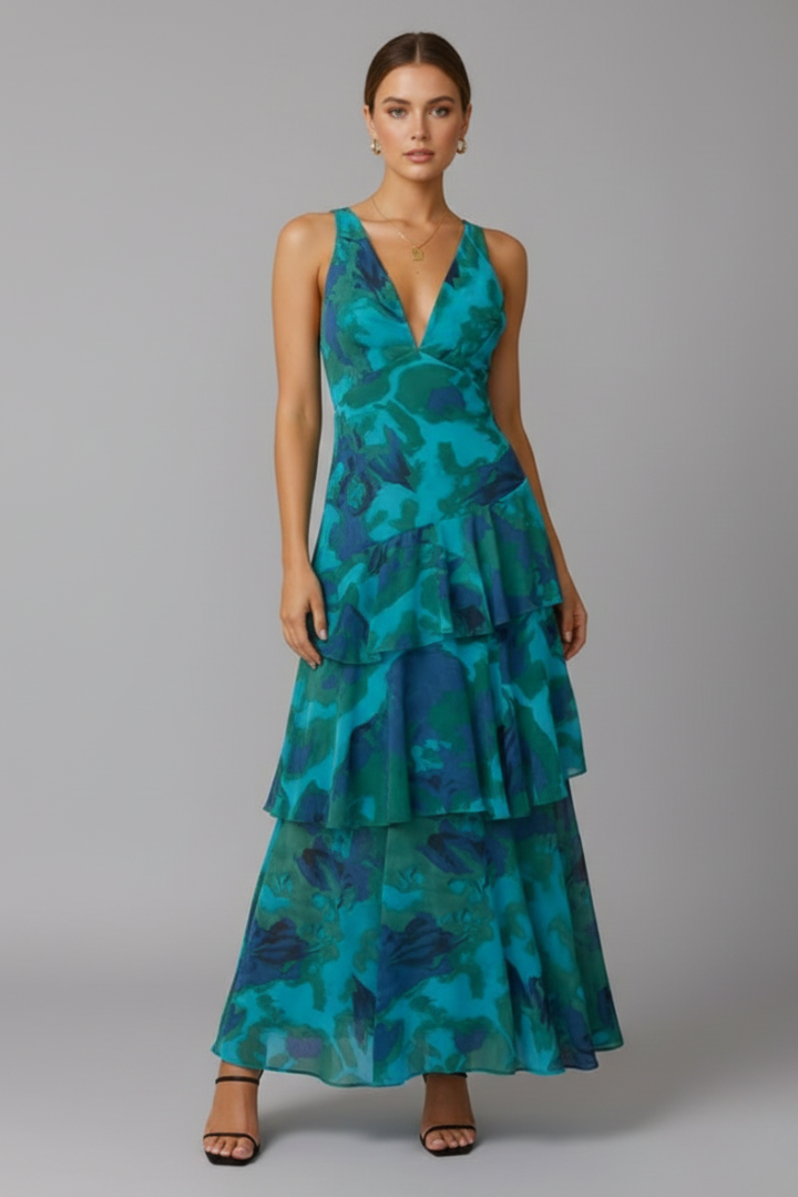Vestido Largo Mujer Falda Escalonada Cuello en V Veraniego - Mavetta