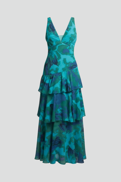 Vestido Largo Mujer Falda Escalonada Cuello en V Veraniego