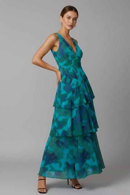 Vestido Largo Mujer Falda Escalonada Cuello en V Veraniego