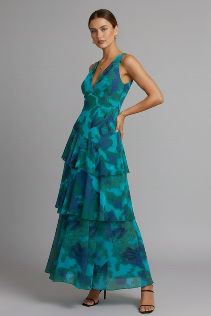 Vestido Largo Mujer Falda Escalonada Cuello en V Veraniego