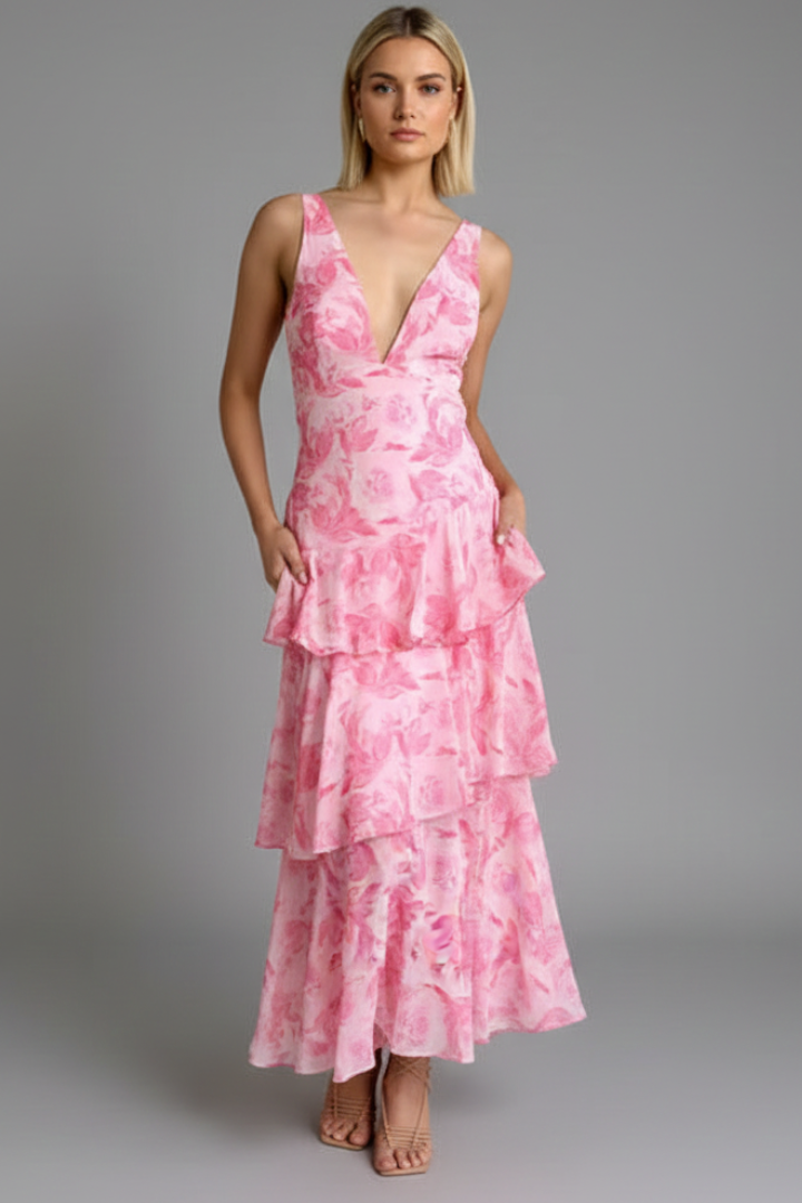 Vestido Largo Mujer Falda Escalonada Cuello en V Veraniego