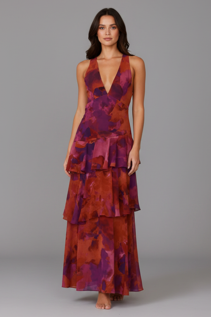 Vestido Largo Mujer Falda Escalonada Cuello en V Veraniego