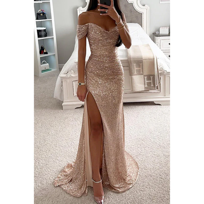 Vestido Largo Mujer de Lentejuelas Hombros Descubiertos
