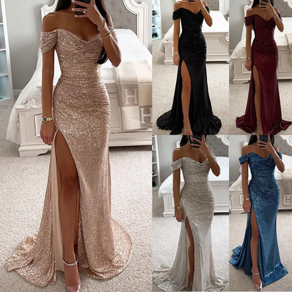 Vestido Largo Mujer de Lentejuelas Hombros Descubiertos