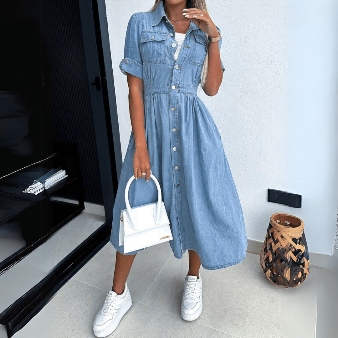 Vestido Midi Mujer de Mezclilla Casual con Botones