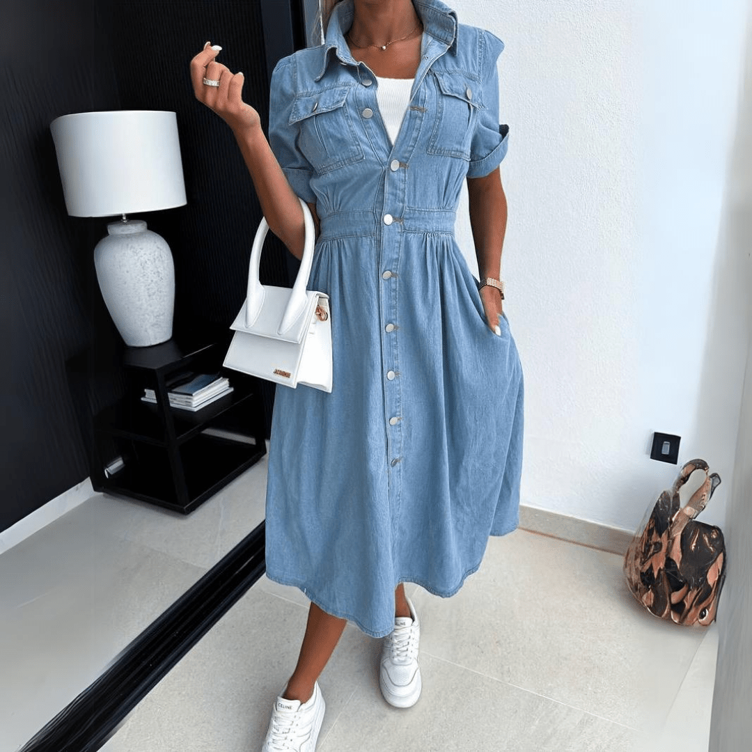 Vestido Midi Mujer de Mezclilla Casual con Botones